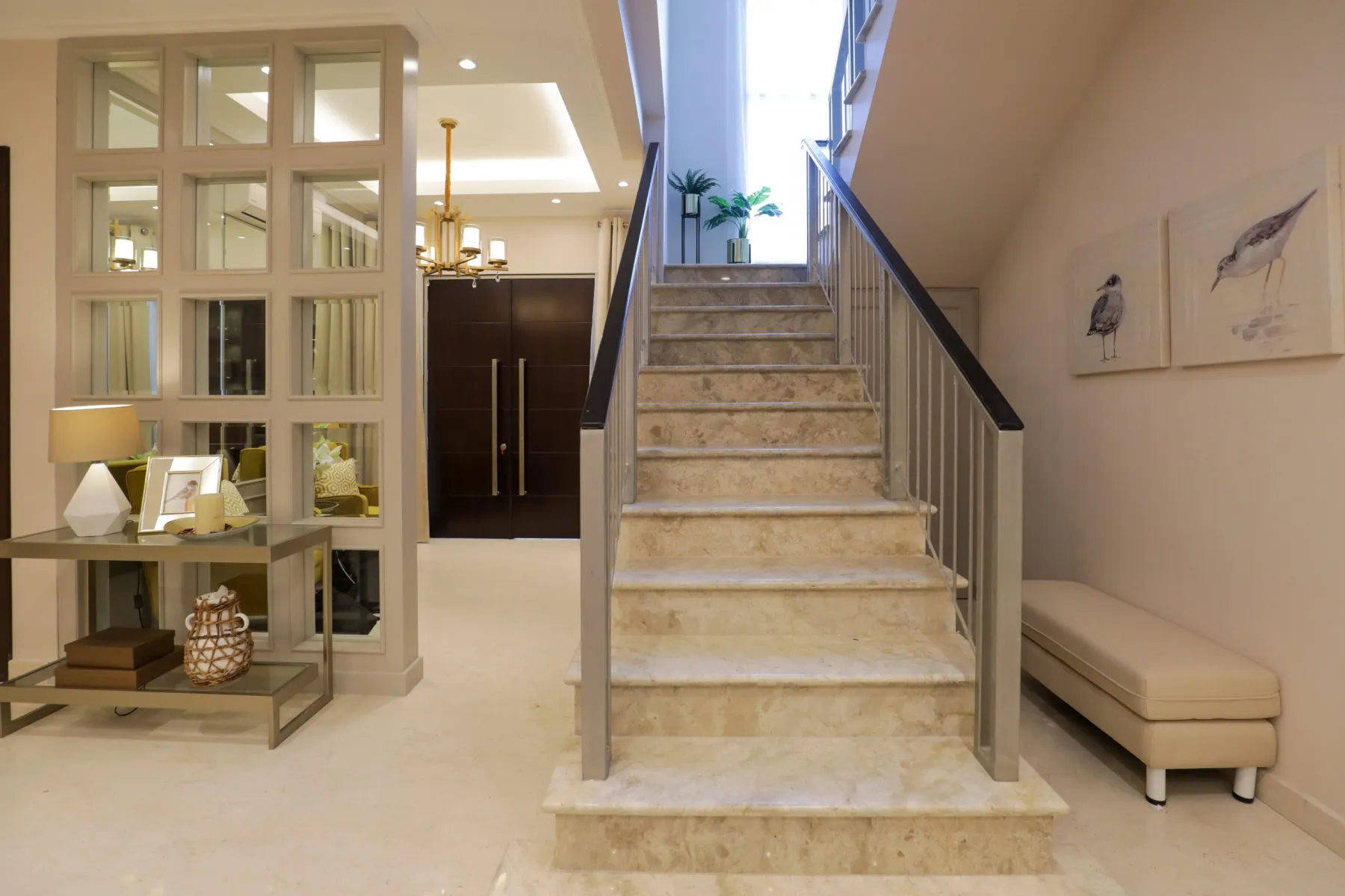 Decorative slatted partition screen in a Dubai interior