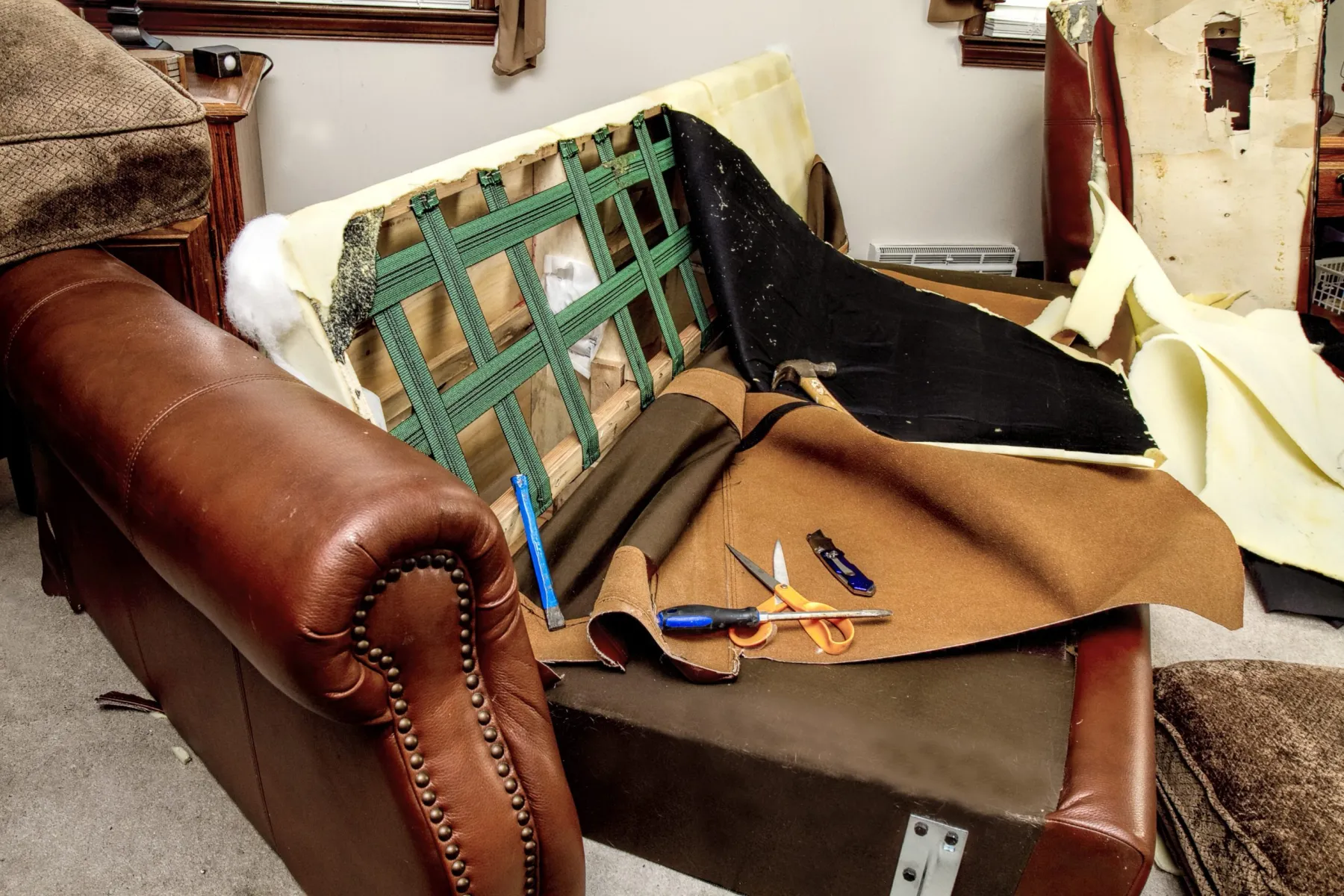 Upholstery fabric samples in a Dubai workshop