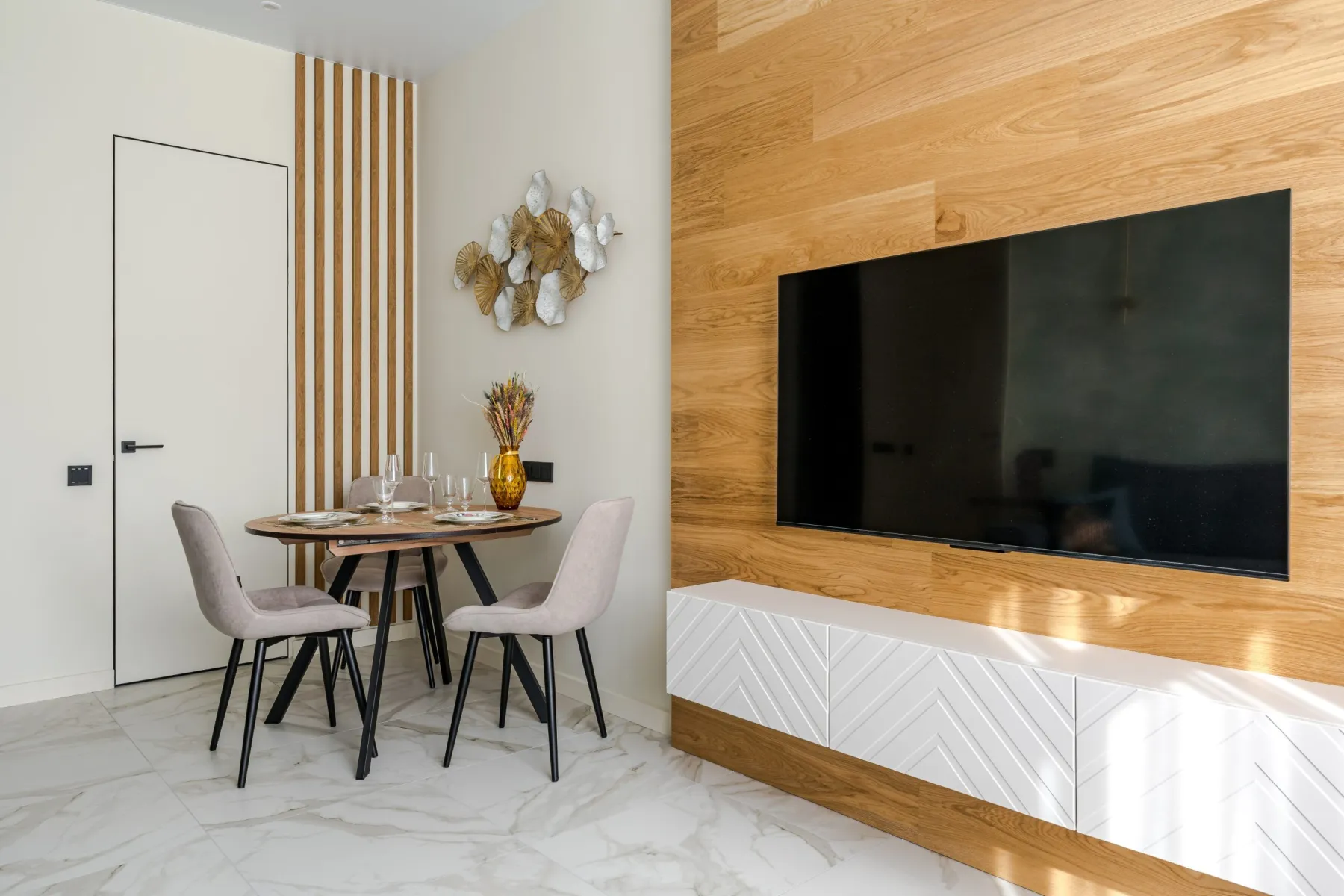 Custom dining table built with a matching TV unit