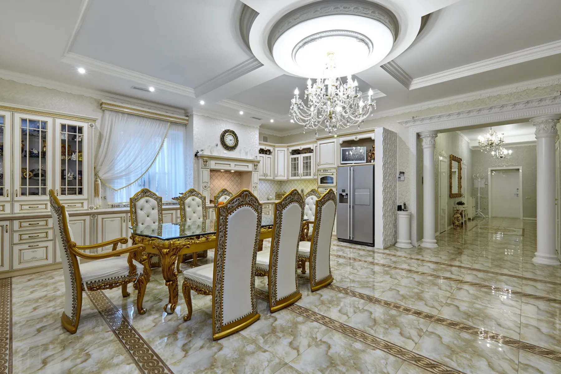 Coffered ceiling with integrated lighting in a Dubai dining room