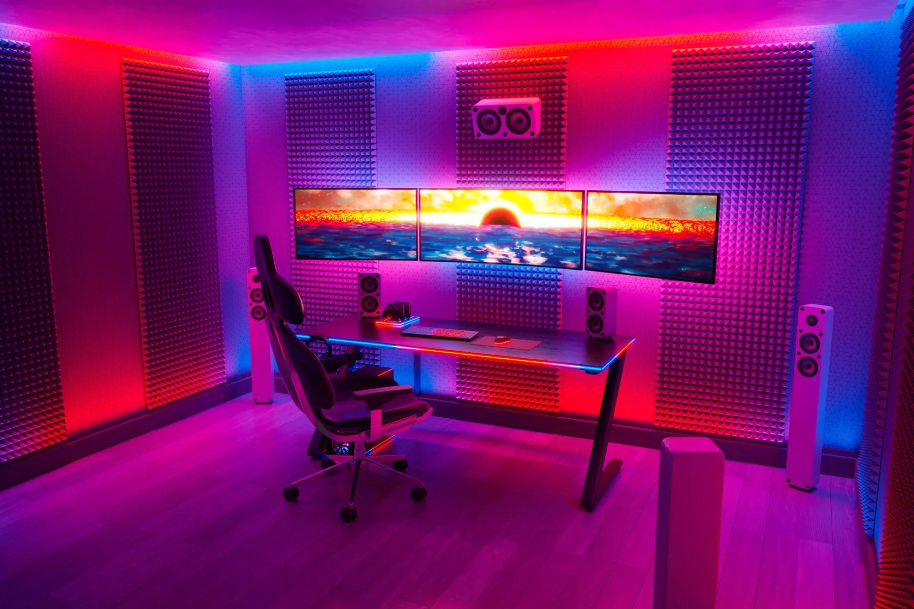 Multi-level LED cove lighting with acoustic panelling