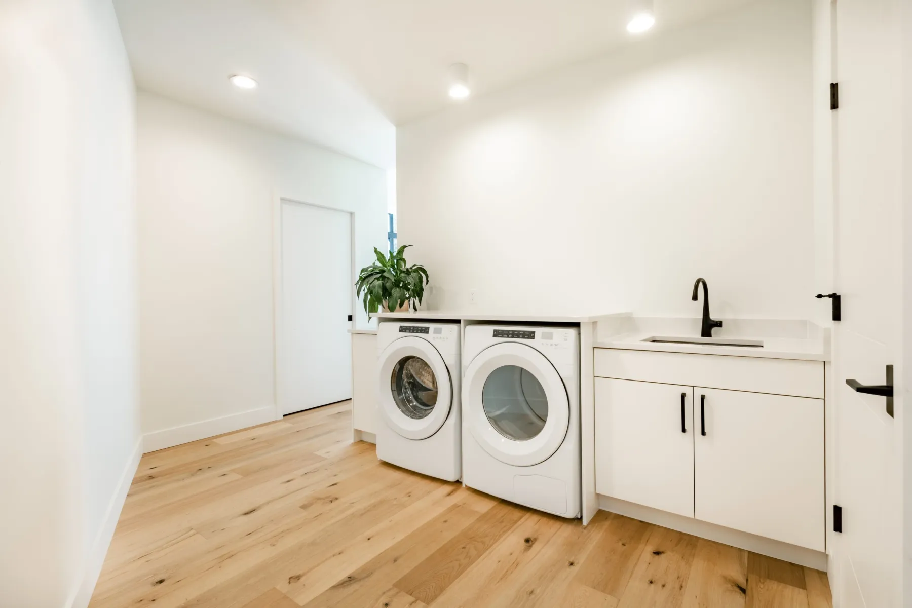 Wooden flooring in a laundry and utility room