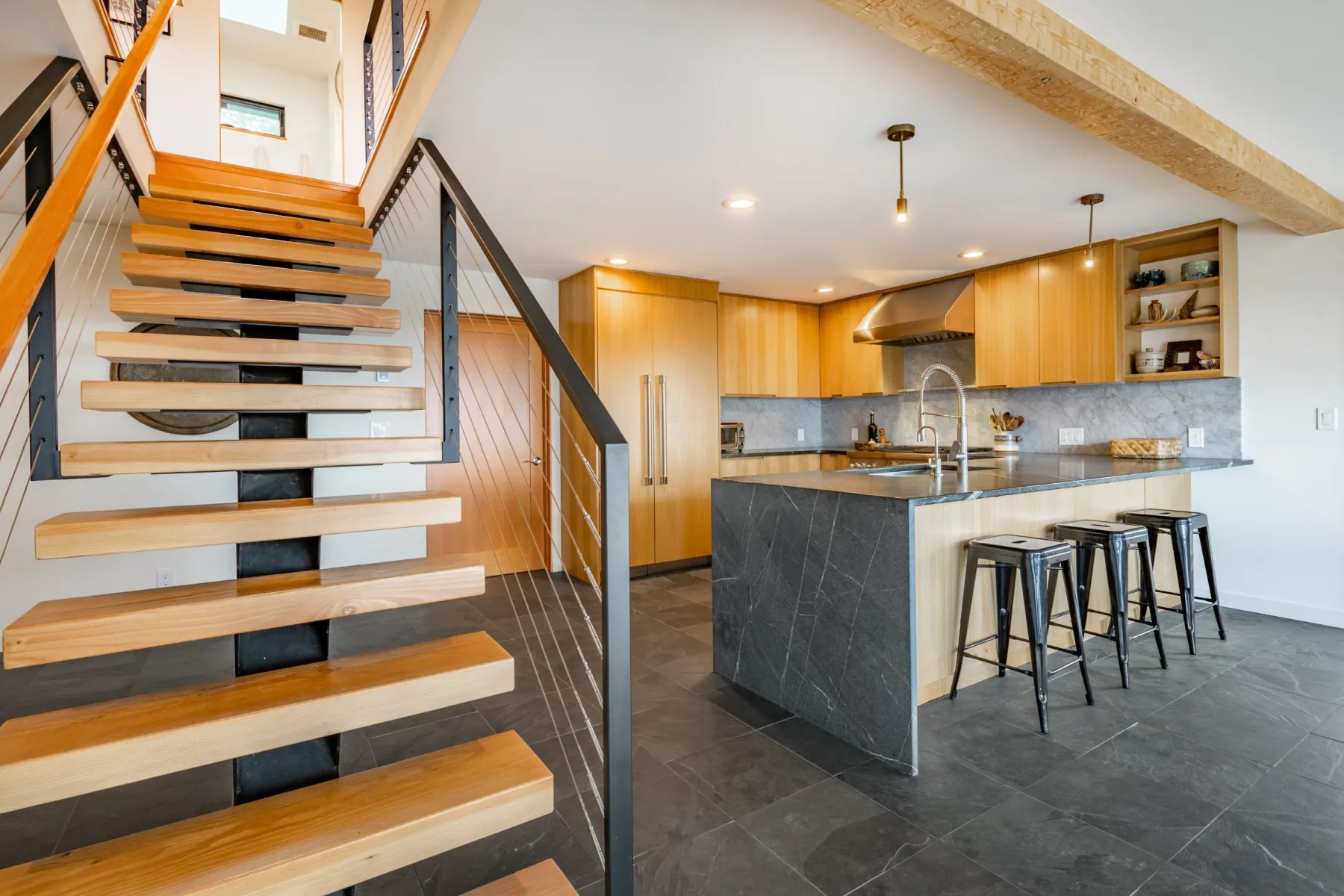 Timber clad staircase in a Dubai villa