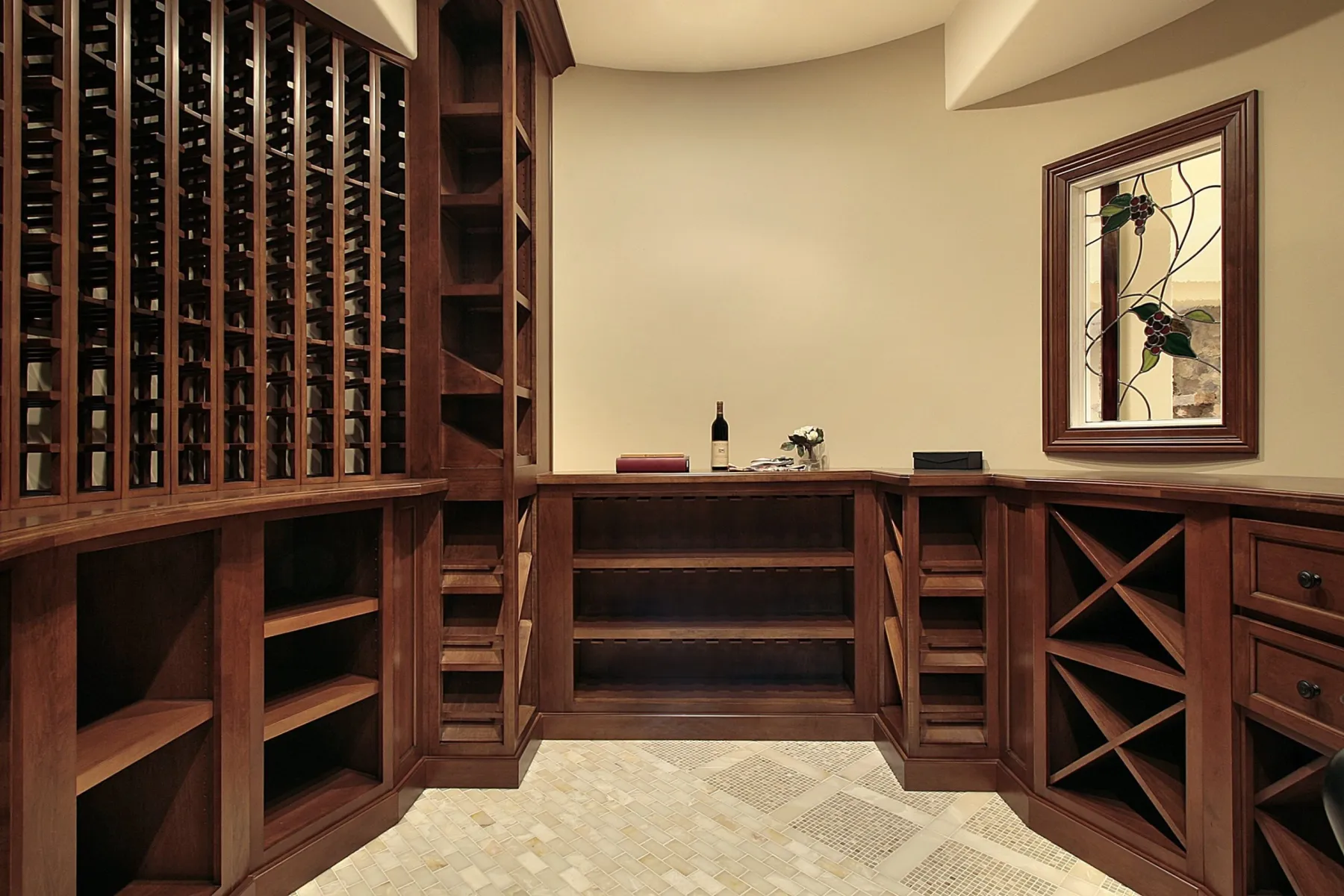 Wine display and storage cabinets in a villa