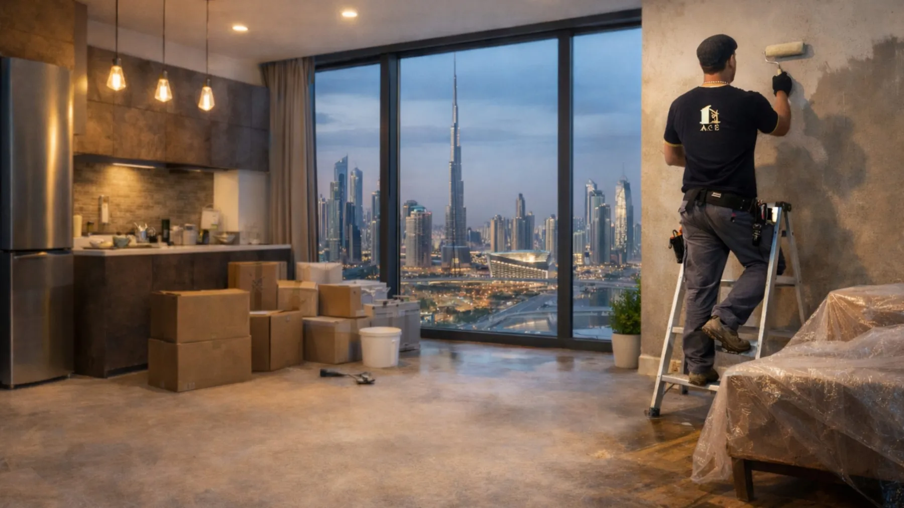 Wall preparation and painting during a Dubai apartment renovation